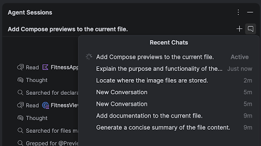 Android Studio che mostra più thread di chat attivi nella finestra degli strumenti.