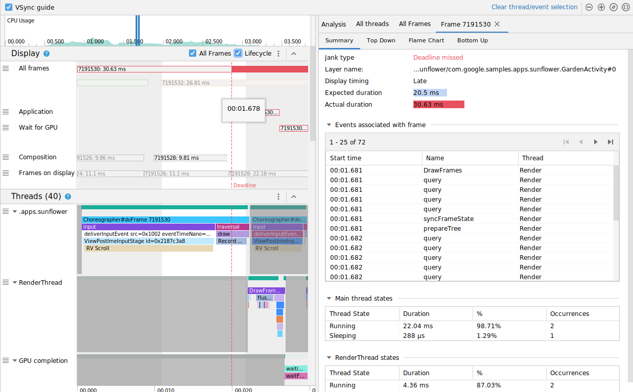 Captura de tela do CPU Profiler, como mostrado acima, mas com as caixas de seleção "All Frames" e "Lifecycle" marcadas