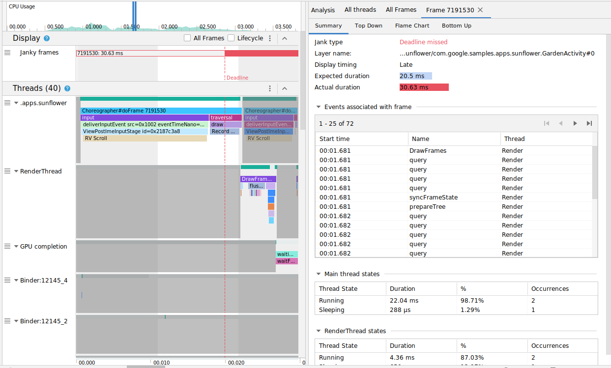 Captura de pantalla del generador de perfiles que muestra fotogramas con bloqueos y subprocesos principales