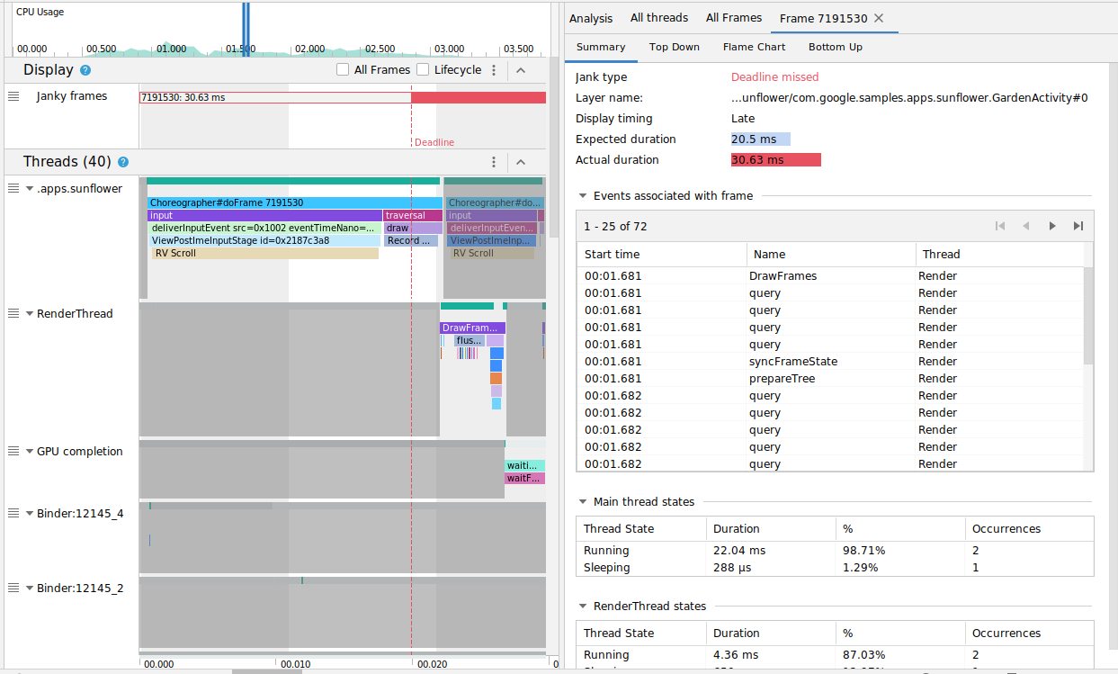 Screenshot di Profiler che mostra i frame e i thread principali danneggiati