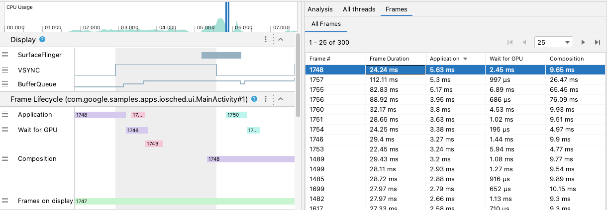 Vue chronologique à côté du tableau des frames