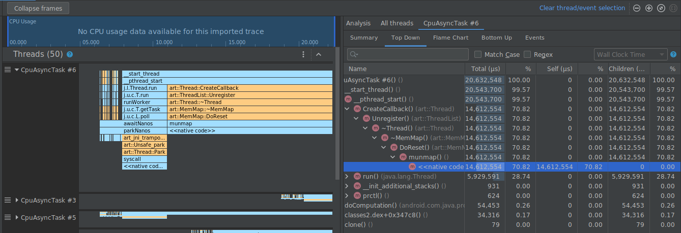 Exemplo de frames recolhidos no Simpleperf