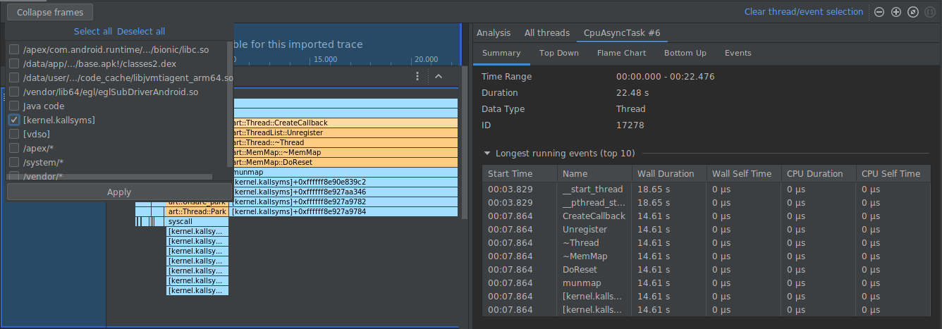 Exemplo de menu do Simpleperf