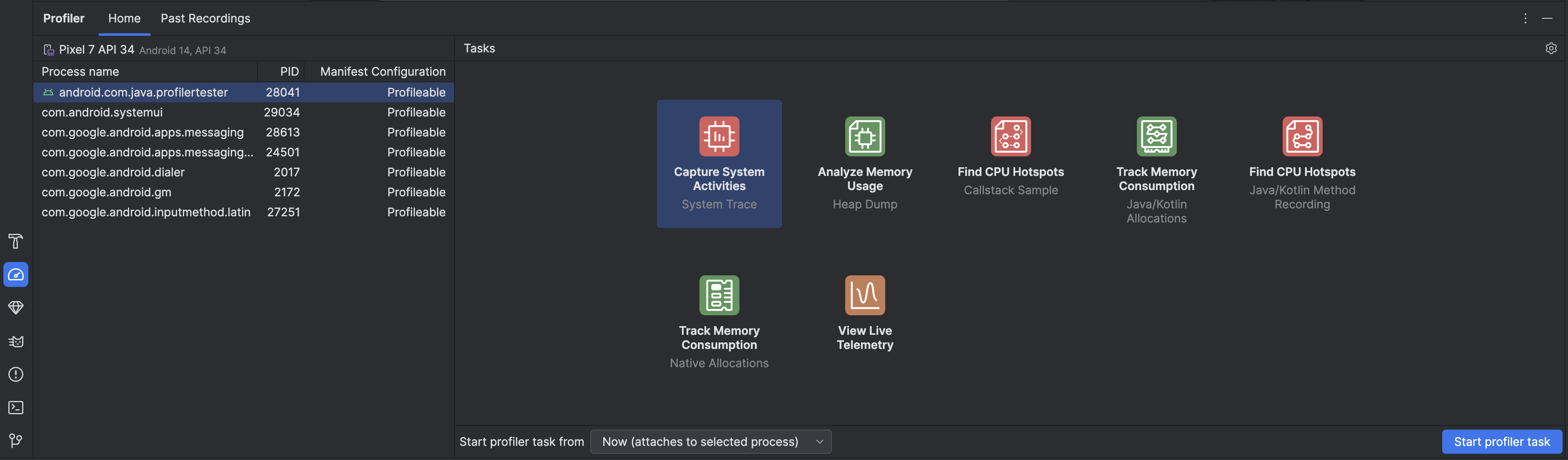 Tab „Startseite“ des Profilers