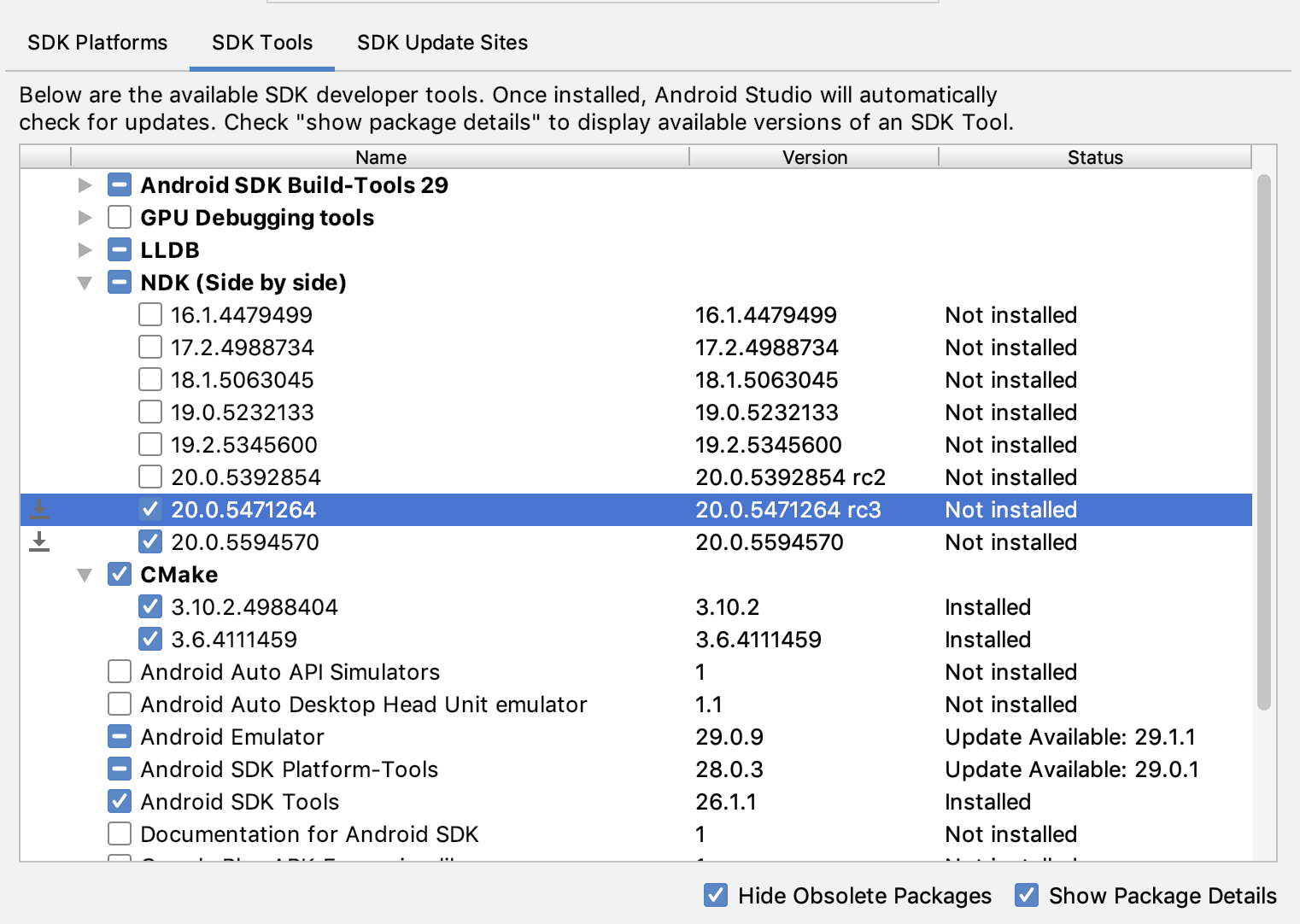 Immagine della finestra SDK Tools