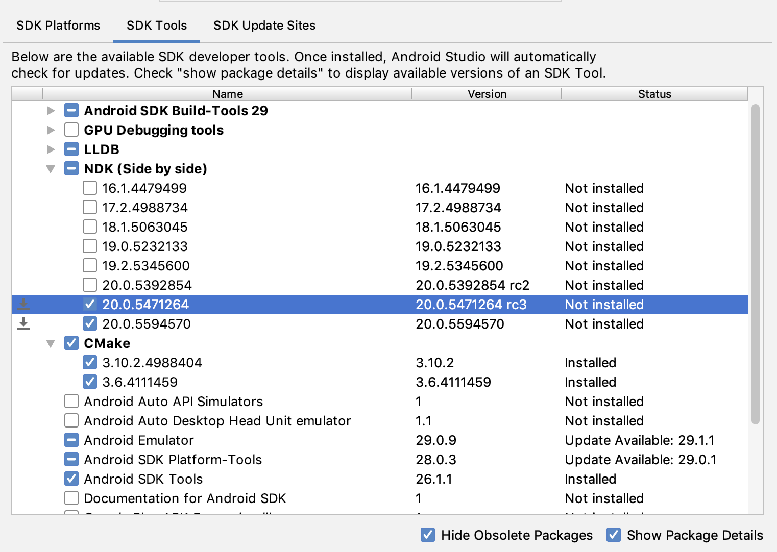 Imagem da janela SDK Tools