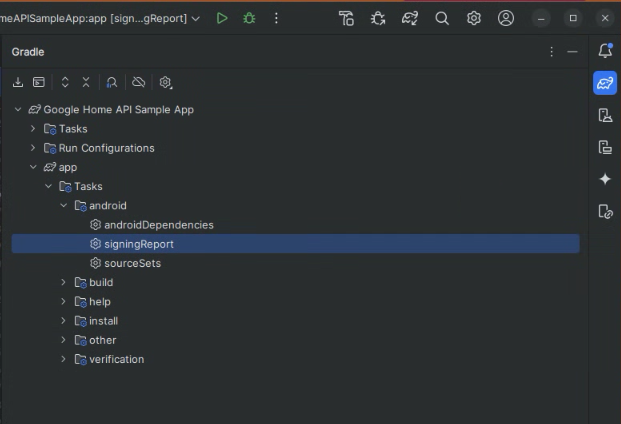 لقطة شاشة لشجرة إعدادات Gradle الموسّعة للمشروع