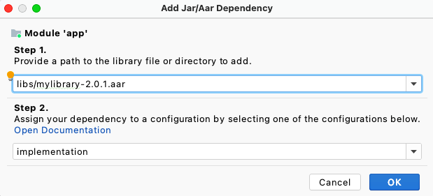 เพิ่มทรัพยากร Dependency ของ AAR ในกล่องโต้ตอบโครงสร้างโปรเจ็กต์