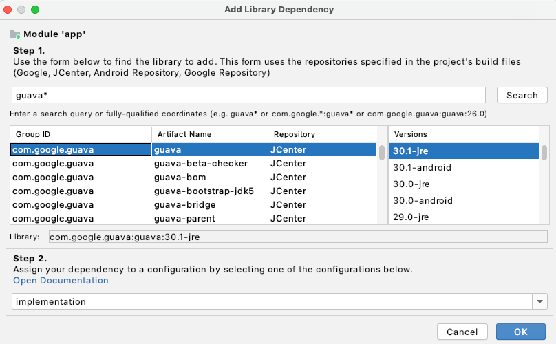 Menambahkan dependensi library di Dialog Project Structure