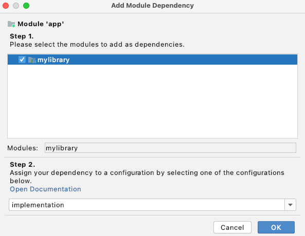 Add module dependency in the Project Structure
Dialog