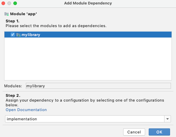 在「module dependency」對話方塊中新增模組依附元件