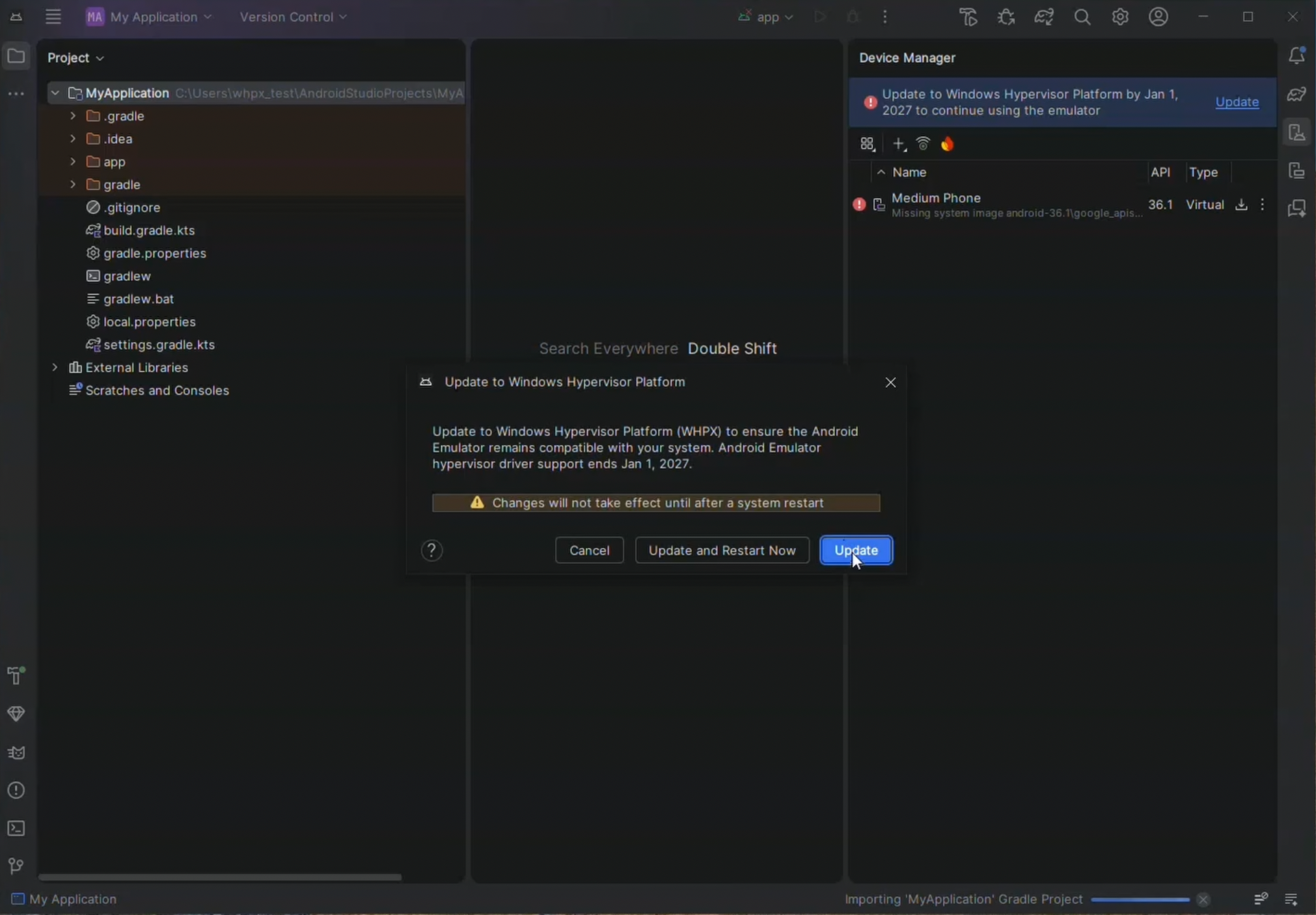 Popup for updating to WHPX