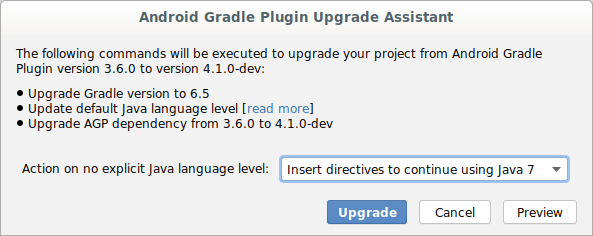 Finestra di dialogo Assistente per l&#39;upgrade del plug-in Android Gradle