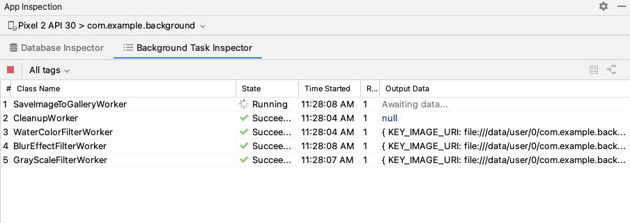 کارگران فعال در Background Task Inspector