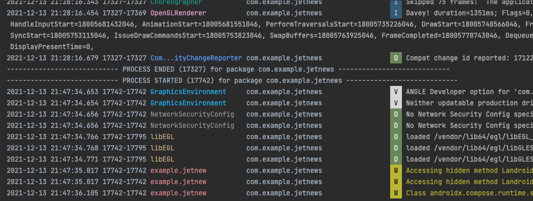ภาพหน้าจอของกระบวนการรีสตาร์ทใน Logcat