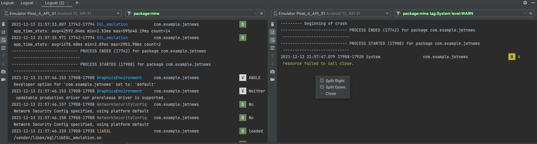 ایجاد چندین پنجره logcat با استفاده از splits