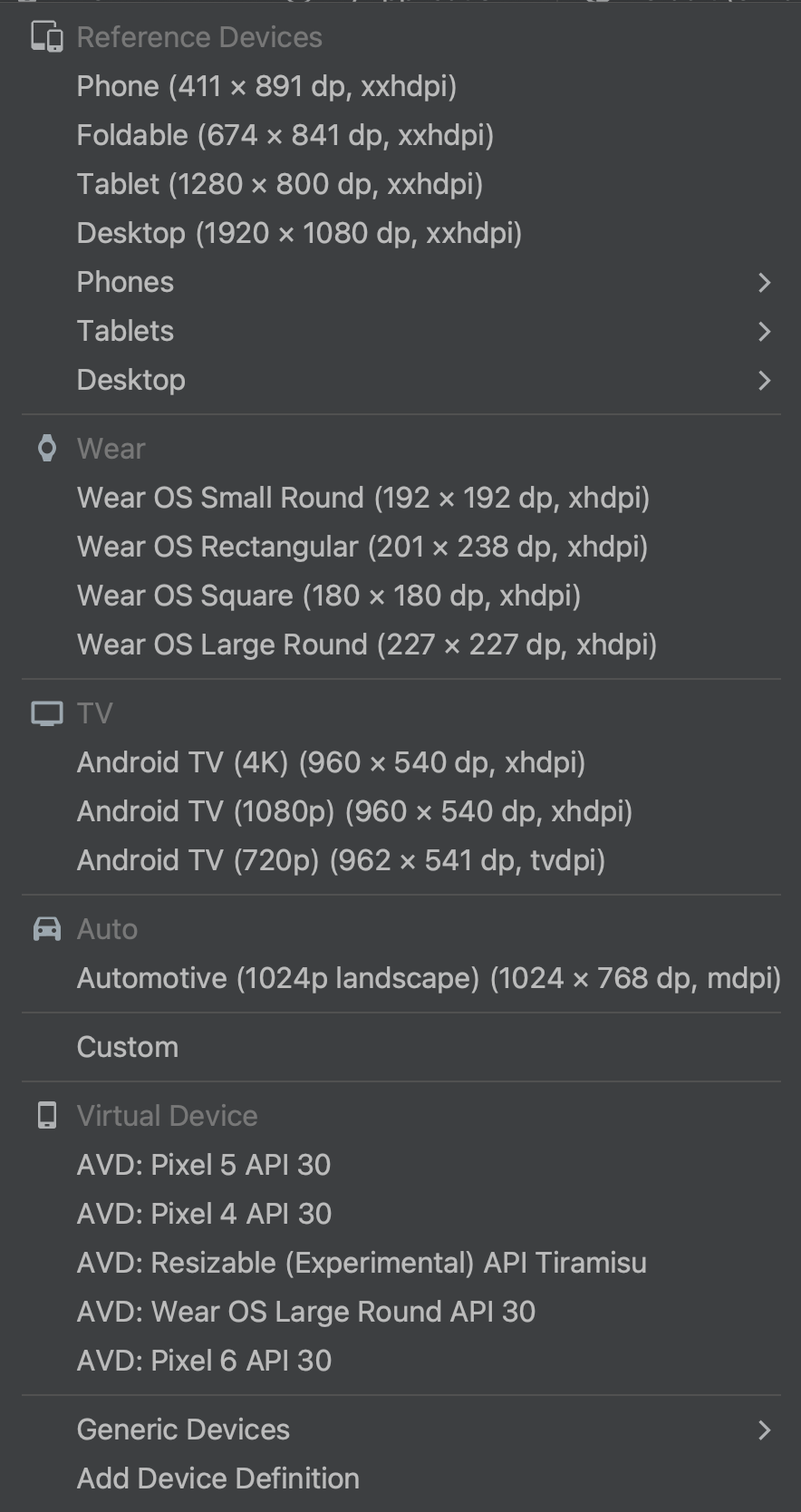 Menu daftar perangkat dengan Reference Devices