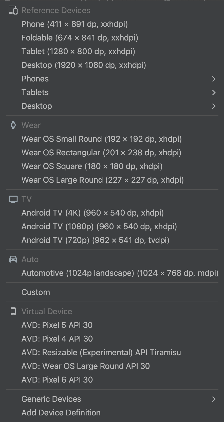 Device picker with devices and their size and density, grouped by class