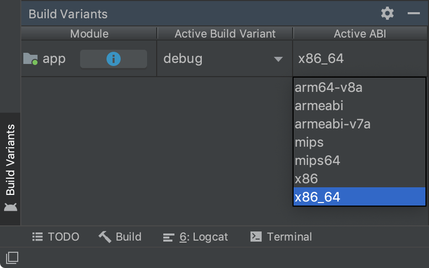 پانل Build Variants که انتخاب تک نوع را توسط ABI نشان می دهد.