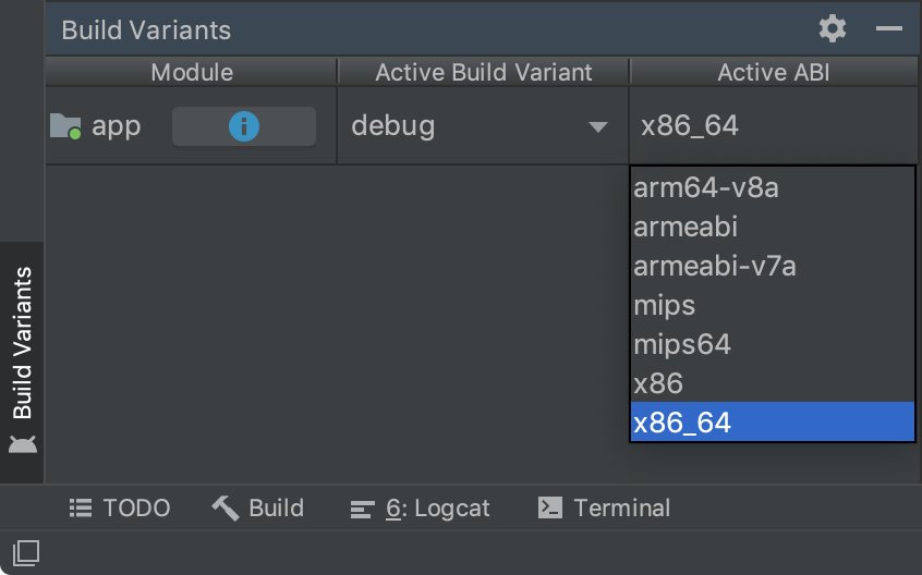 「Build Variants」(建構變數) 面板顯示 ABI 的單一變數選取項目。