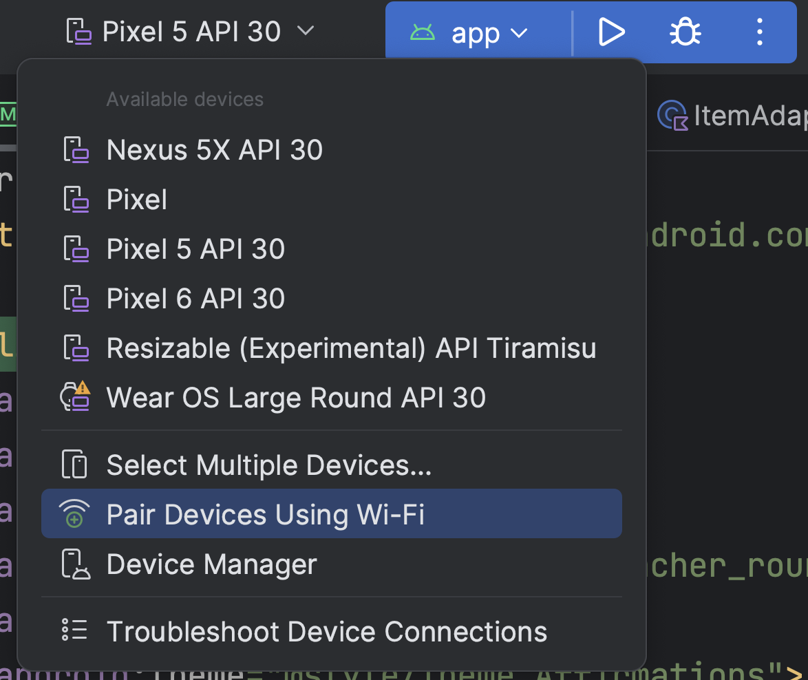Menu déroulant des configurations d'exécution