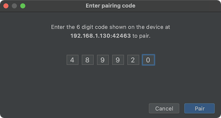 Screenshot of example pairing code entry