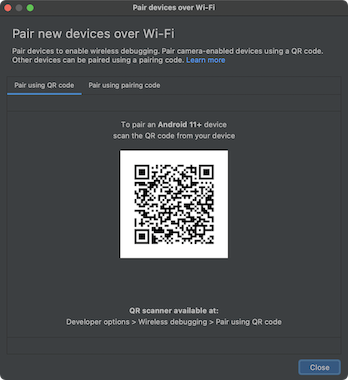 Captura de tela da janela pop-up &quot;Pair devices over Wi-Fi&quot;