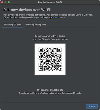 Screenshot of the pair devices over Wi-Fi popup window