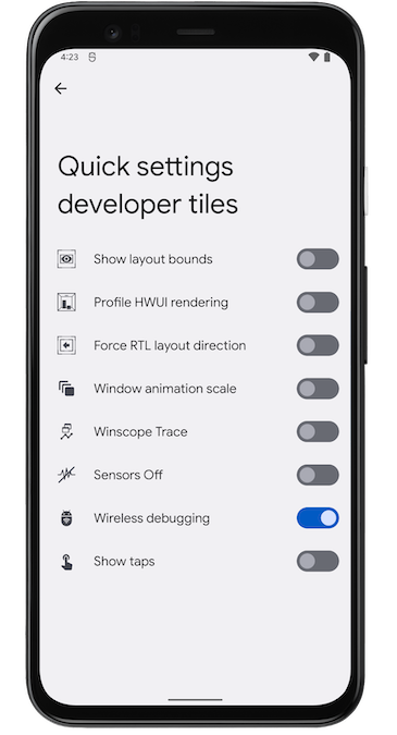 Screenshot of
            Quick settings developer tiles from a Google Pixel phone.