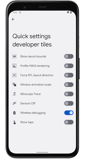 Google Pixel のクイック設定開発者用タイルのスクリーンショット。