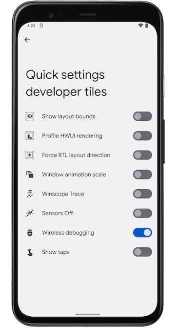 Captura de tela de
            "Blocos de desenvolvedor para configurações rápidas" em um smartphone Google Pixel.