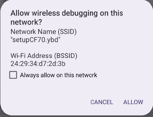 pixel phone showing the Wireless debugging prompt.