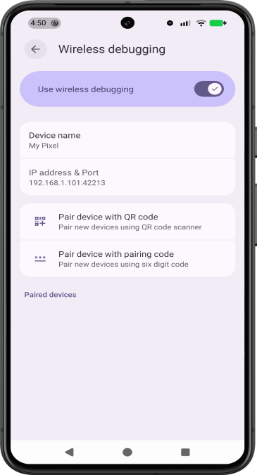 Screenshot of
            a Google Pixel phone showing the Wireless debugging systems setting.