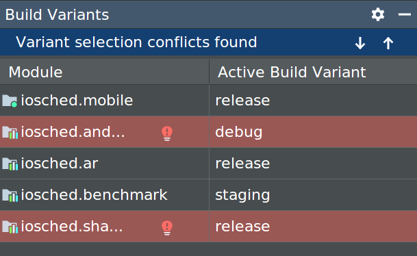 Jendela Build Variants yang menampilkan error konflik varian