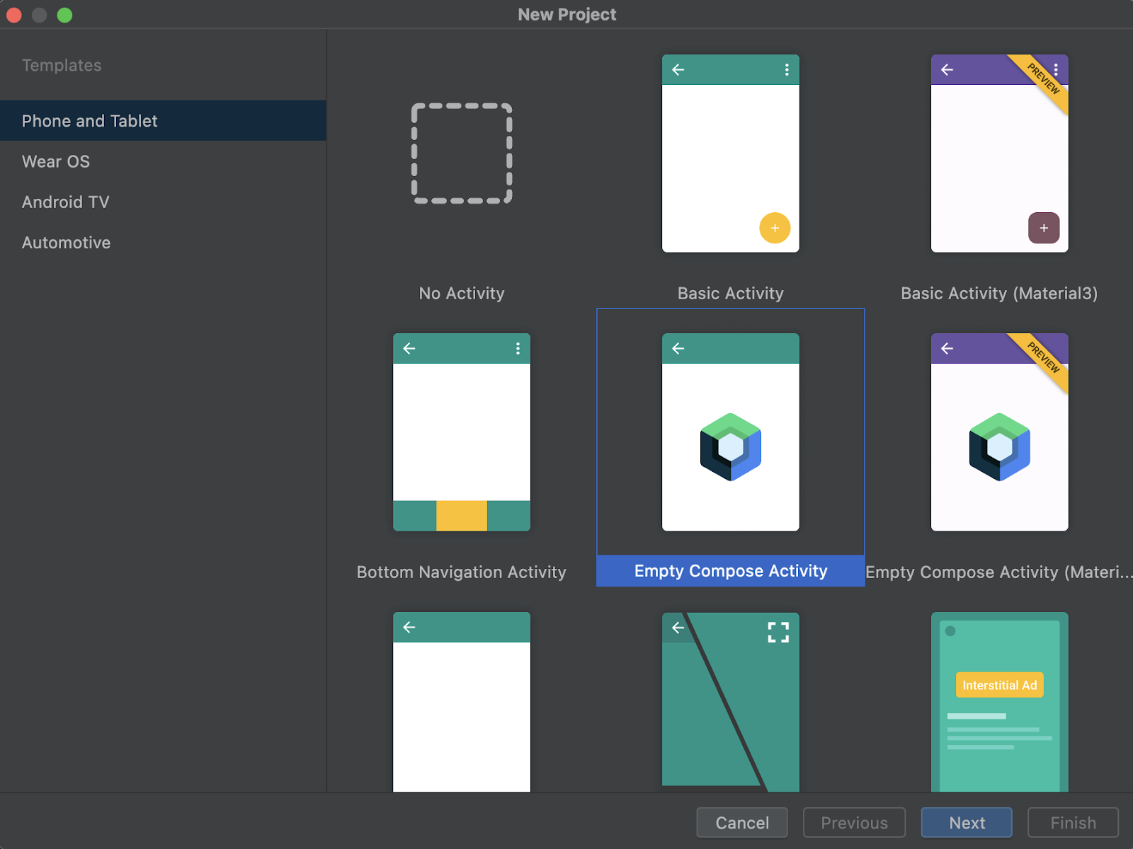 Android Studio'da şablon seçimi