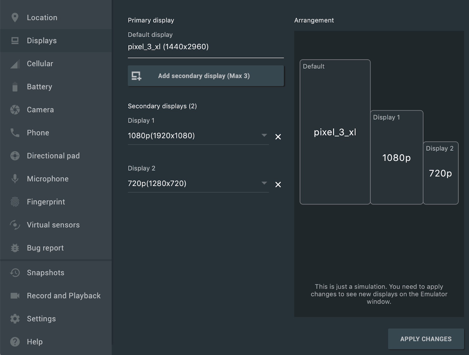 چندین نمایشگر را اضافه کنید تب Display Controls Extended Emulator.