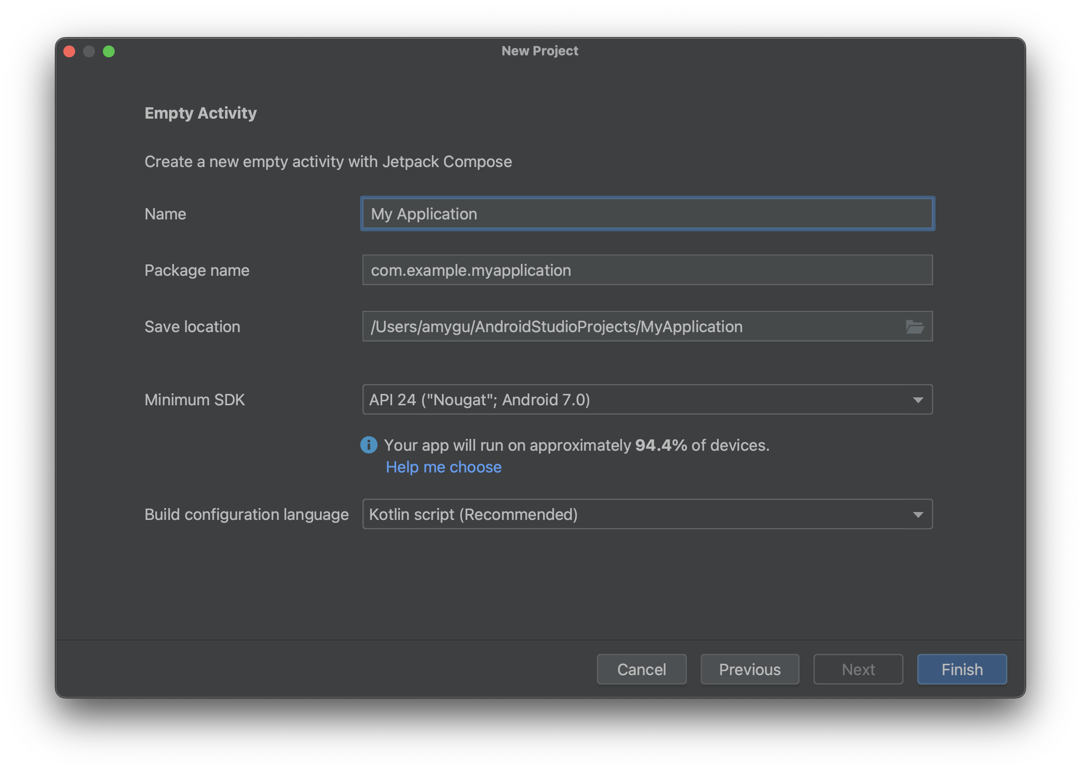 Ejemplo de la configuración del proyecto del paso 4 ingresada en Android Studio