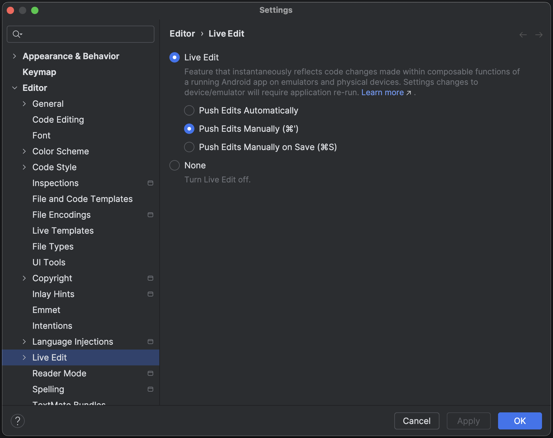 Kästchen für die Live-Bearbeitung in den Android Studio-Einstellungen