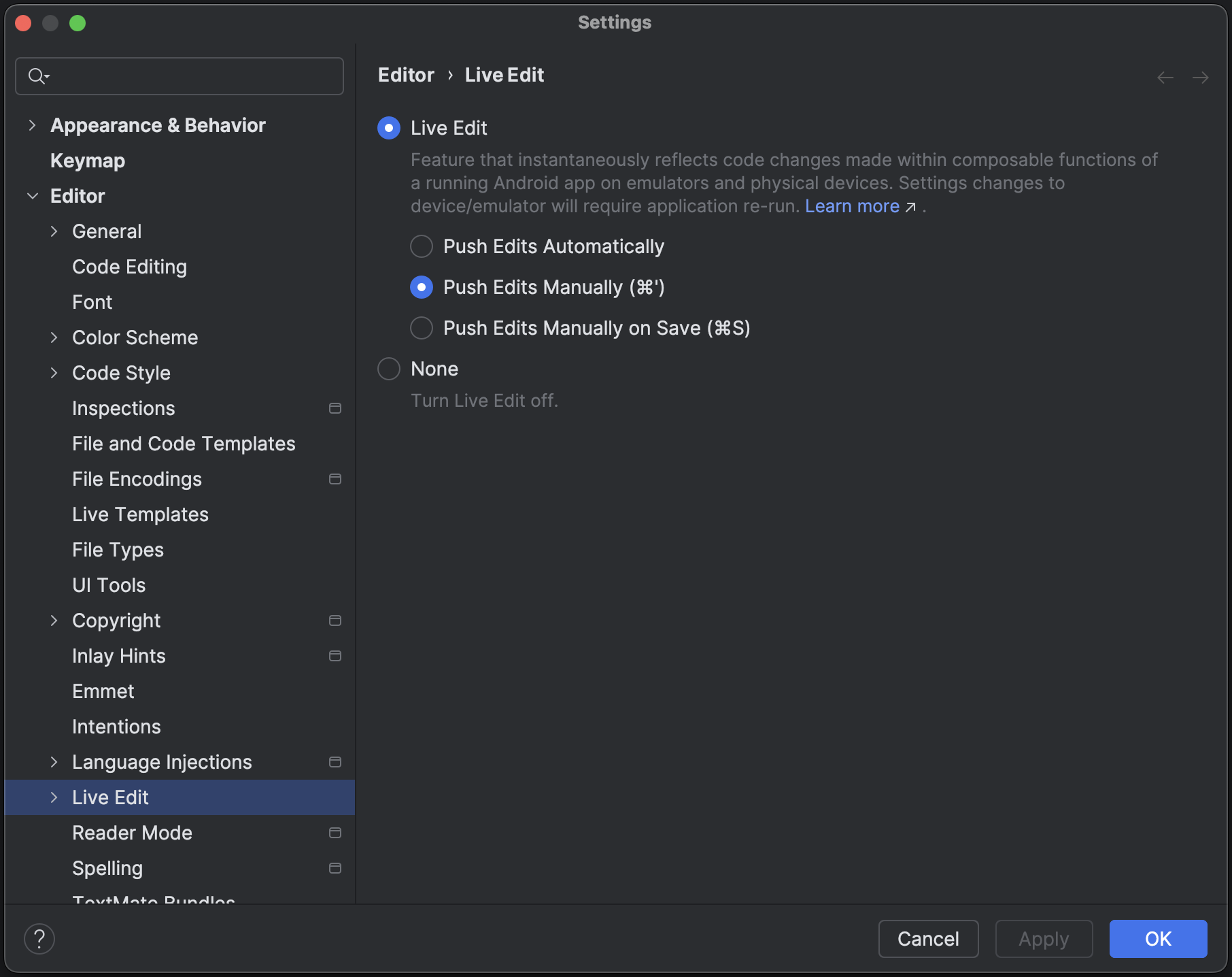 ממשק משתמש של תיבת הסימון 'Live Edit' בהגדרות של Android Studio