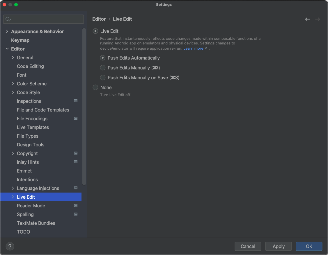 Android Studio ayarlarındaki Canlı Düzenleme onay kutusu kullanıcı arayüzü