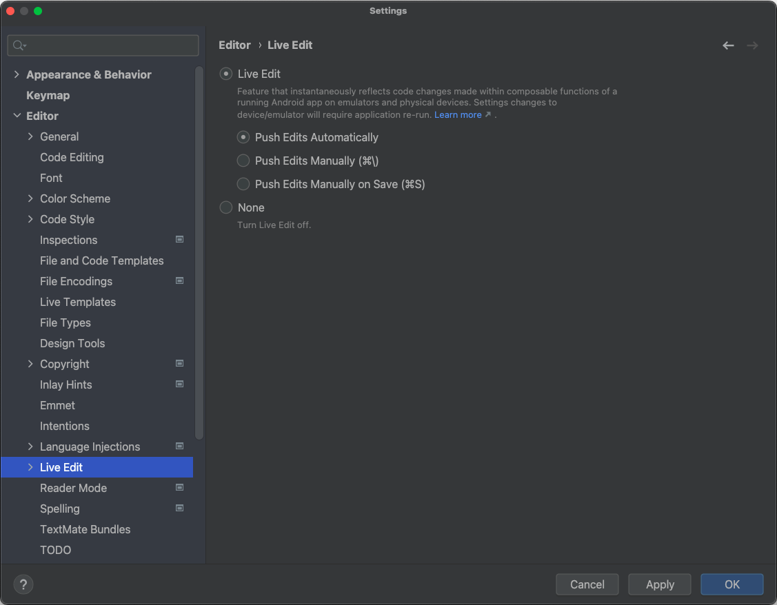 IU da caixa de seleção da Edição em tempo real nas configurações do Android Studio