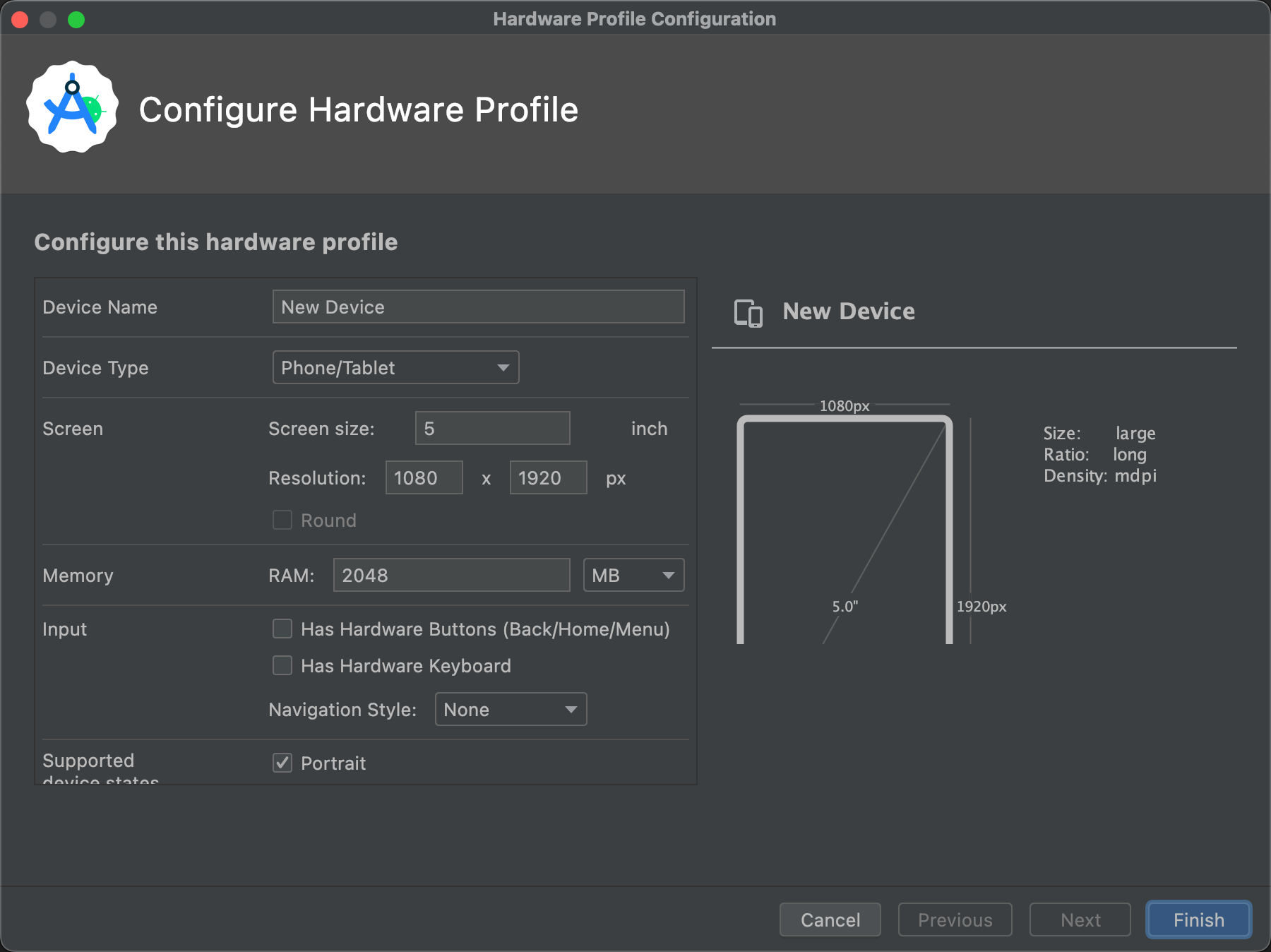 Diálogo Configure Hardware Profile