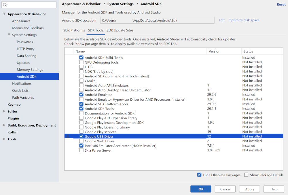 已選取 Google USB 驅動程式的 SDK 管理工具