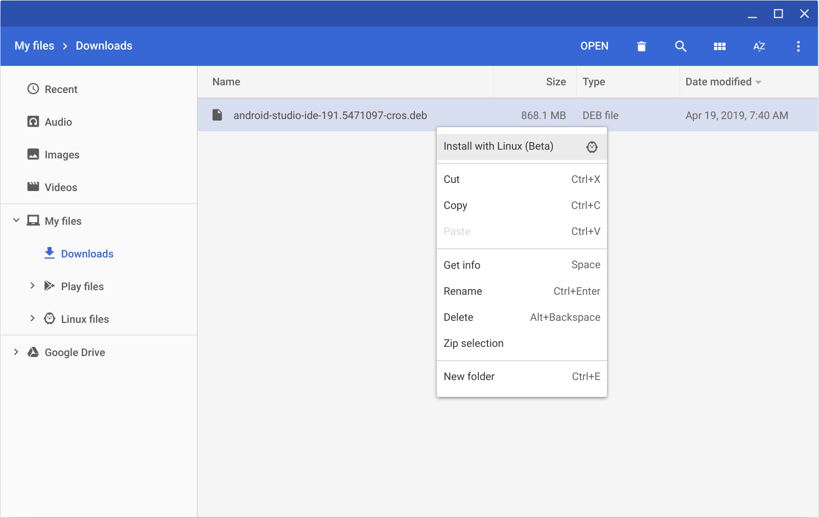 La posizione del file di destinazione per il pacchetto DEB su ChromeOS.