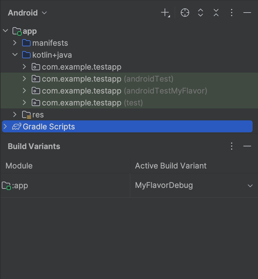 MyFlavor variant selected and androidTestMyFlavor folder is shown
        in Android view