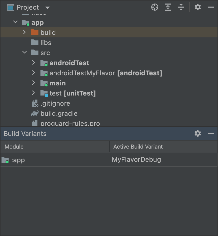 Biến thể MyFlavor được chọn và thư mục androidTestMyFlavor đang hoạt động trong khung hiển thị Project (Dự án)