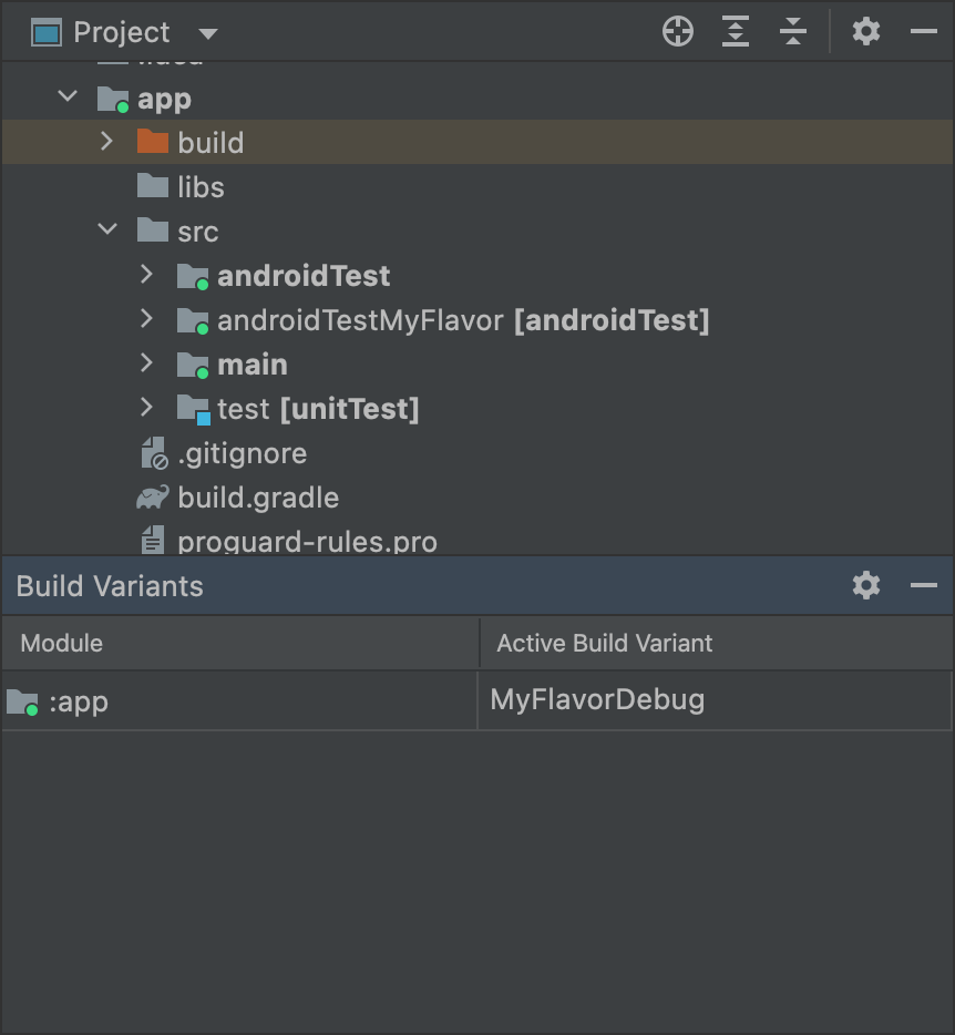 MyFlavor variant selected and androidTestMyFlavor folder is active
        in Project view