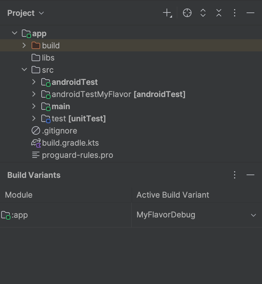 MyFlavor バリアントが選択され、androidTestMyFlavor フォルダが Project ビューでアクティブになっています