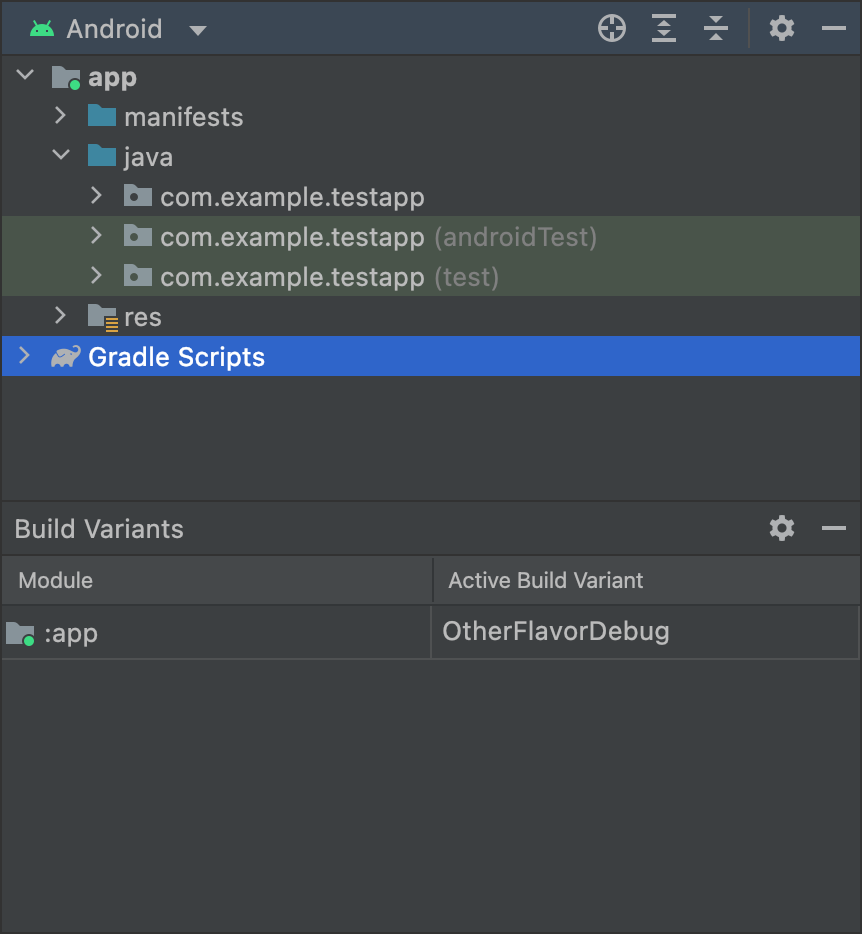 OtherFlavor ভেরিয়েন্ট নির্বাচিত এবং androidTestMyFlavor ফোল্ডারটি Android ভিউতে দেখানো হয়নি