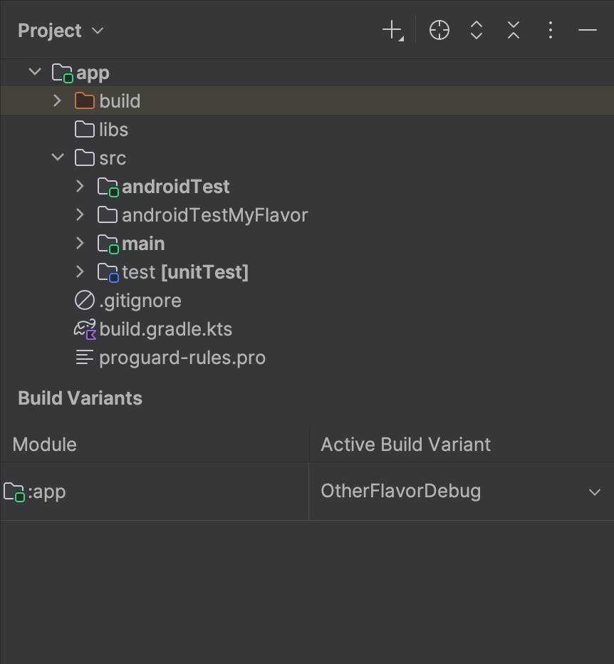 OtherFlavor variant selected and androidTestMyFlavor folder is not
            active in Project view